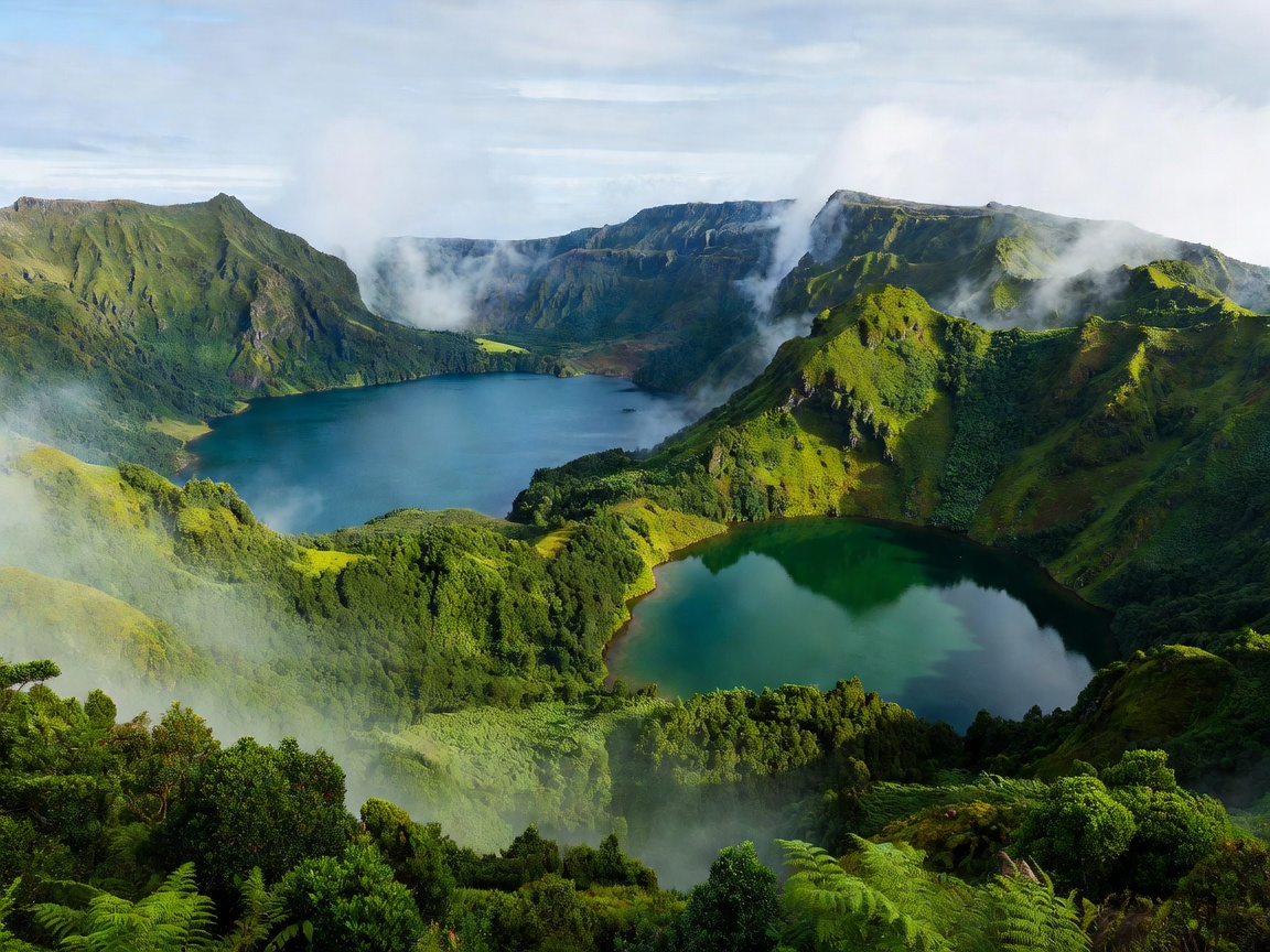 Dual volcanic crater lakes surrounded by lush emerald mountain slopes in São Miguel