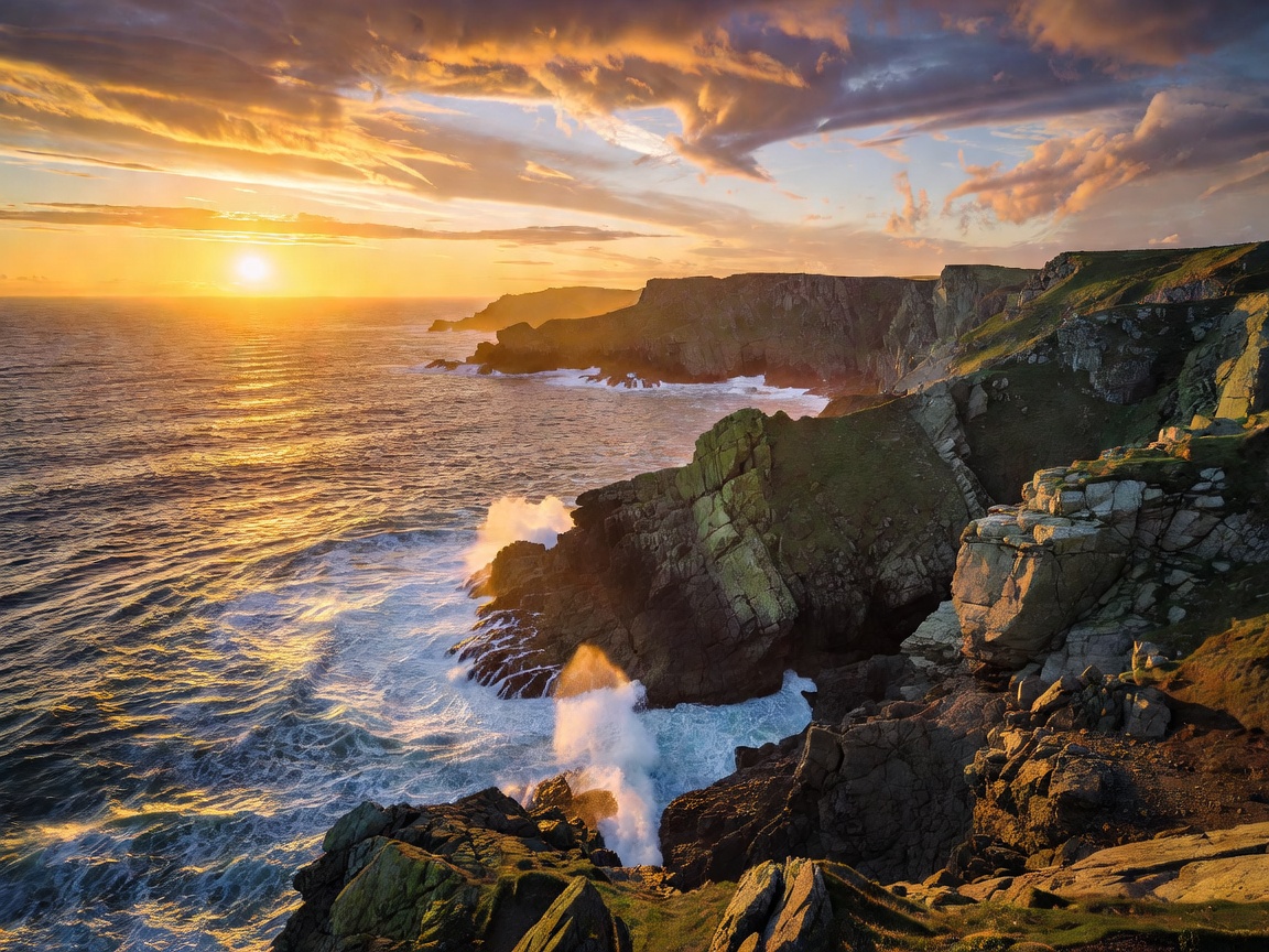 Golden sunlight illuminating rugged Atlantic headlands during a coastal sundown