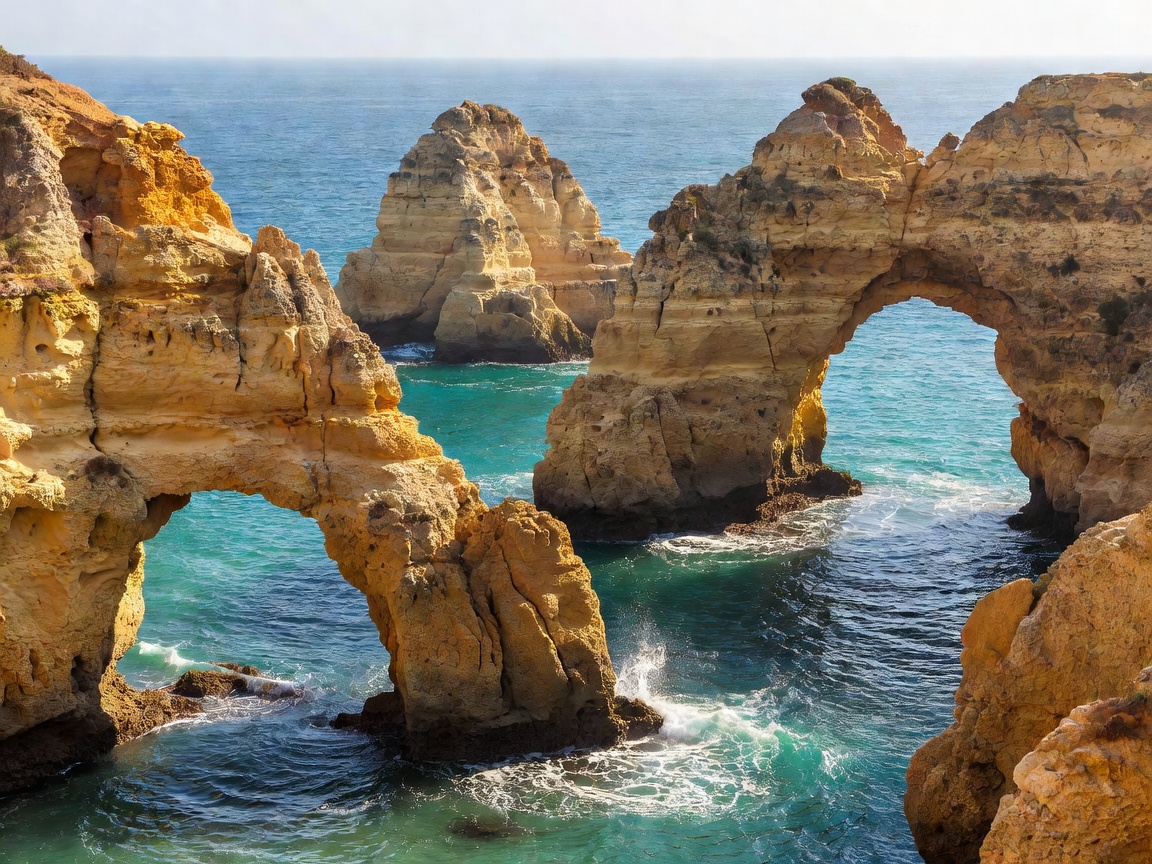 Weathered golden limestone arches, natural sea stacks and turquoise ocean in Lagos